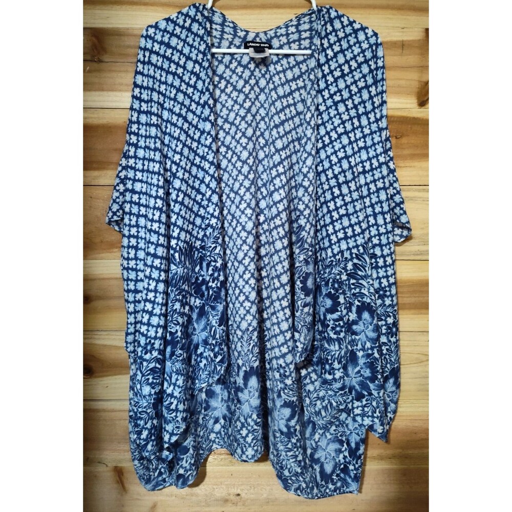 Land's End Women Blue/White Kimono Size One Size Open Front Short Sleeves